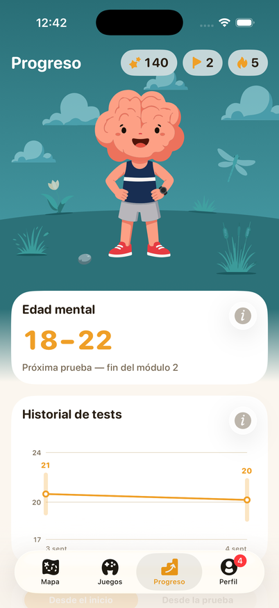 La pantalla de progreso: el rango de edad mental y el historial de pruebas
